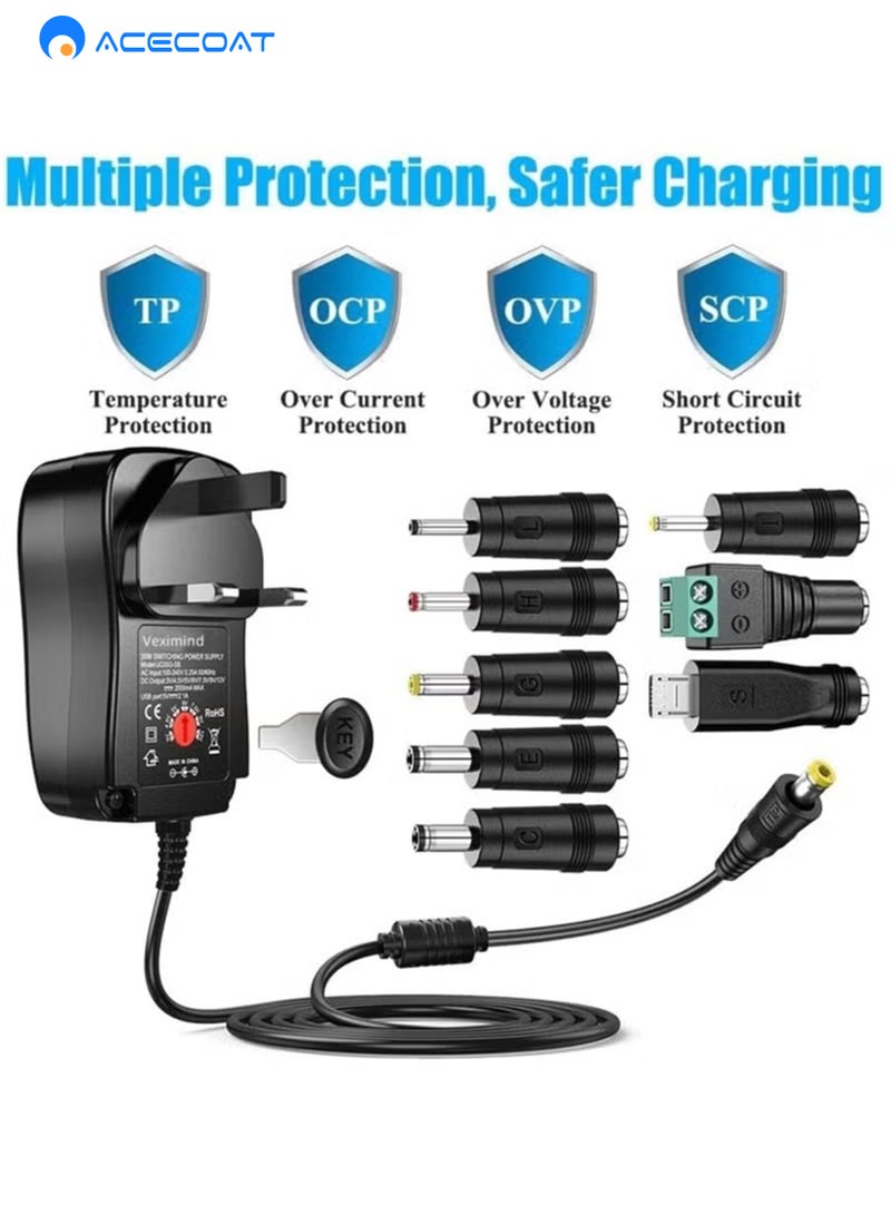 ايسكوت محول طاقة عالمي 30 واط 3 فولت 4.5 فولت 5 فولت 6 فولت 7.5 فولت 9 فولت 12 فولت محول طاقة AC/DC مع 8 رؤوس قابلة للاختيار للأجهزة المنزلية التي تعمل بجهد 3 فولت-12 فولت وشريط LED - 2000 مللي أمبير كحد أقصى - Image 2